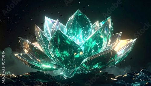 Wallpaper Mural A luminous, multifaceted crystal lotus flower glows with ethereal green and golden light, its sharp geometric petals unfurling against a dark, star-speckled sky. Torontodigital.ca