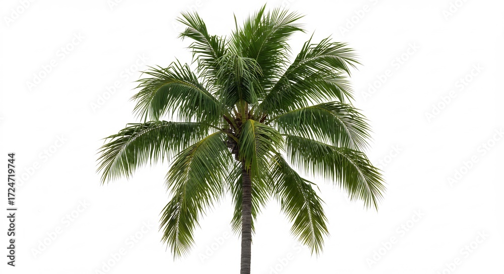 Fototapeta premium 白い背景 鮮やか緑 熱帯椰子の木 優雅に揺れる葉. AI Generated
