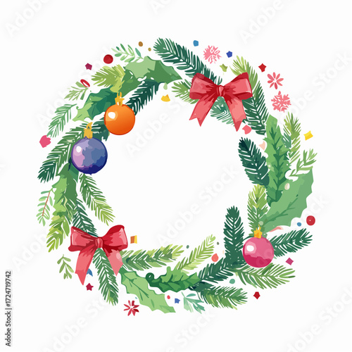 Christmas wreath decorated with bows, baubles, and festive ornaments for holiday celebration.
