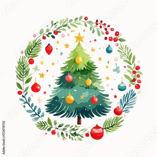 Festive Christmas tree decorated with ornaments inside a holiday wreath, perfect for winter celebrations and seasonal design.