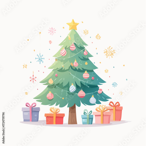 Beautiful Christmas tree with star topper and colorful gifts underneath, festive decoration for holiday celebration and new year greeting.