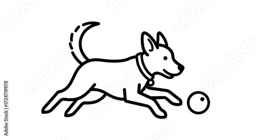 Happy Dog Chasing Ball Playful Line Art Illustration