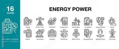 Energy Power icon set. Includes energy, power, electric, technology, environment and More. Editable Stroke Icon Collection.