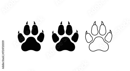 Set of three canine paw prints with claws in black silhouettes