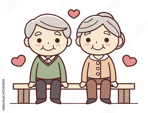 Cute elderly couple sitting on a bench with hearts around them