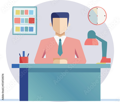 The Dedicated Desk of a Professional: A vector illustration depicts a composed individual seated at a clean desk, embodying professionalism and an orderly workspace.