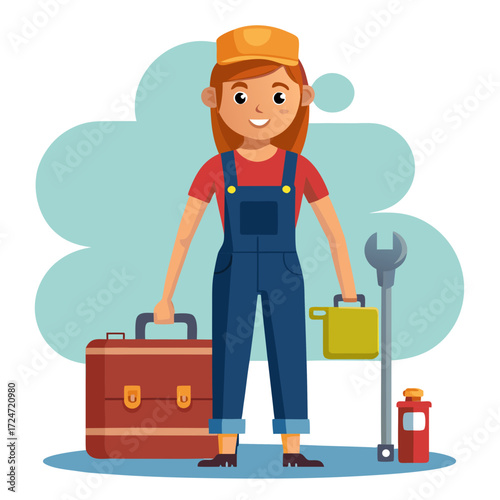 Skilled female mechanic ready for action with tools and friendly smile