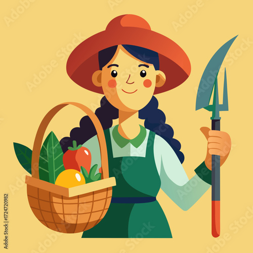 Happy farmer girl with harvest basket and pitchfork for sustainable living