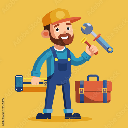 Cheerful handyman ready for projects with tools and toolbox in hand