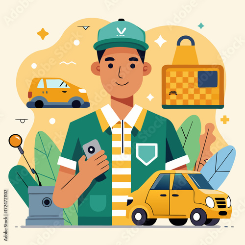 Smiling delivery driver with phone, car, and delivery bag ready