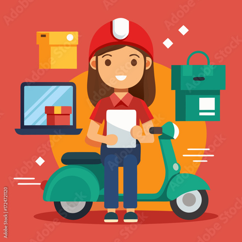 Smiling delivery person on scooter with packages ready for fast shipping