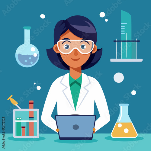Scientist analyzing data on laptop surrounded by lab equipment