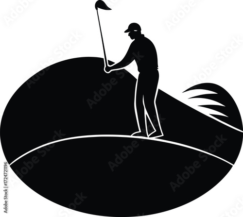 Golf element vector Silhouette golf course hill with distant golfer silhouette