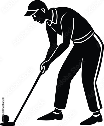 Golf element vector Silhouette golfer bending to place ball on tee