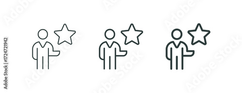 Man with star review us, get reward excellent result outline icon. Line sign person holding five-pointed star in his hand. Vector isolated pictograms for web app on white background editable stroke.