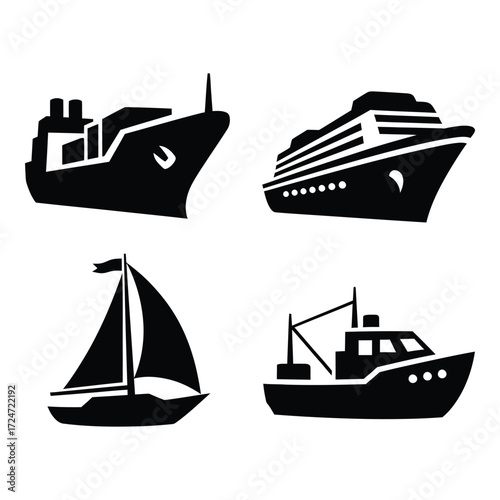 Four different ships sailboats and cruise liners nautical transport icons set