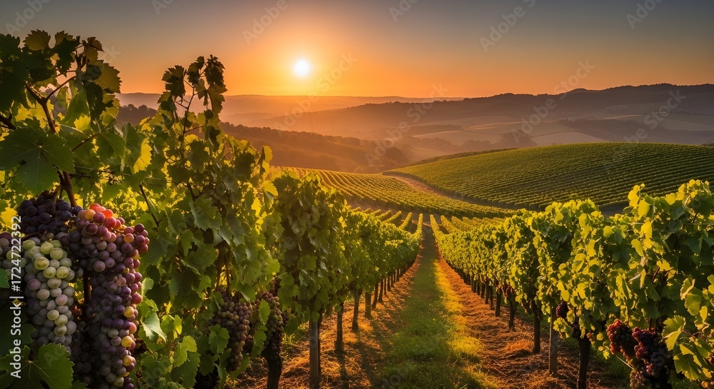 Fototapeta premium Stunning vineyard at sunset with ripe grapes ready for harvest in golden light, perfect for wine tourism ads and promoting delicious local wines