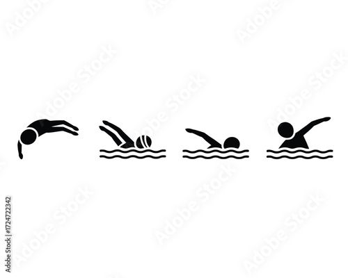 Set of four minimalist black and white vector illustrations of swimming strokes and dive icon vector