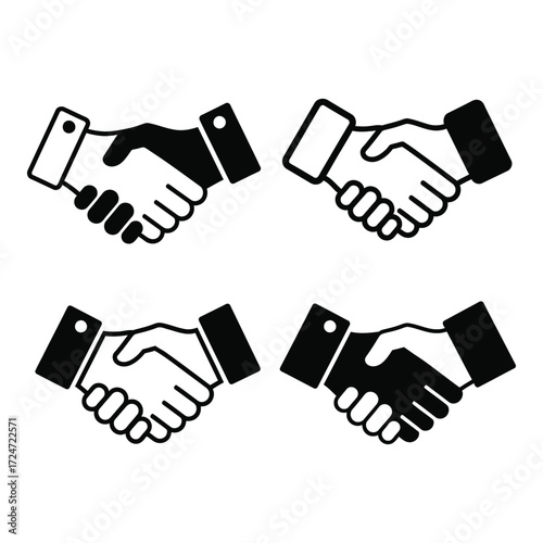 Four stylized handshake icons representing business deals partnership agreement cooperation