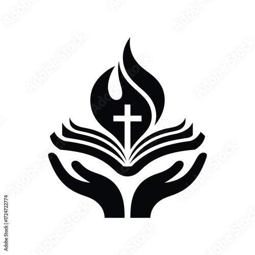 Minimalist black and white logo design of open book with cross and flames symbol vector