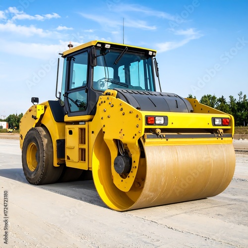 Yellow road roller on construction site