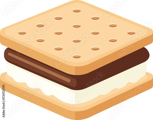A stylized illustration of a s'more featuring graham crackers, a chocolate bar, and marshmallow filling.