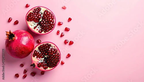 Pomegranate halves on pink background