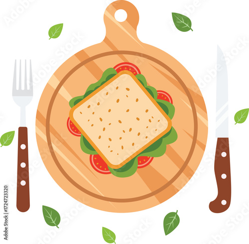 Top-down illustration of a sandwich with tomato and lettuce on a wooden cutting board with a fork, knife, and scattered leaves.