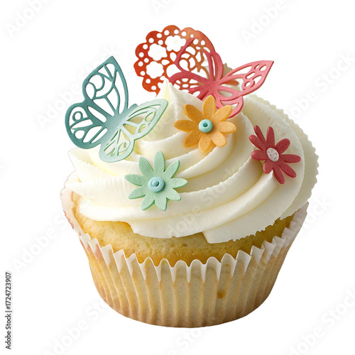Sweet cupcake dessert with white icing and candy sprinkles cutout on transparent background