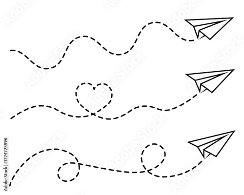 Paper plane with dashed flight path. Curved, looped, and heart-shaped route lines. Transparent background PNG and vector travel illustration.