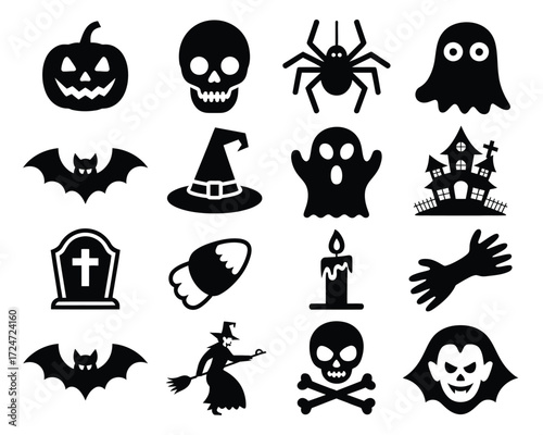 Set of black halloween themed vector icons for spooky celebrations and decorations scalable eps vector