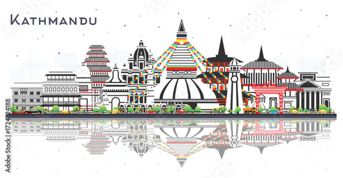 Kathmandu Nepal City Skyline with Color Buildings and reflections Isolated on White. Kathmandu Cityscape with Landmarks. Business Travel, Tourism Concept with Historic Architecture.