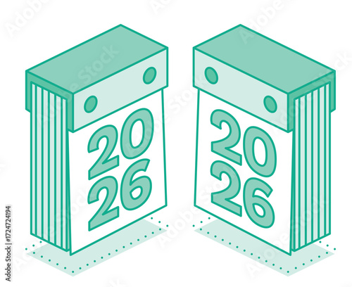 Isometric calendar icon. 2026. Isolated object. Tear off calendar. Outline style.