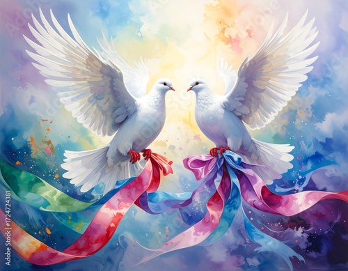 Two white doves in flight, colorful ribbons