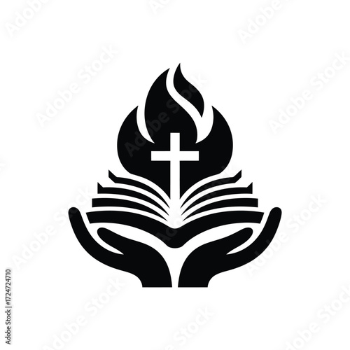 Minimalist black and white vector logo design of open book with cross and flames above hands vector