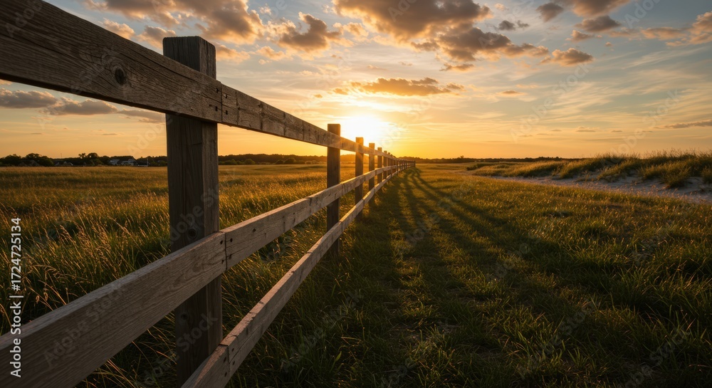 Fototapeta premium Wooden fence at sunset in a field