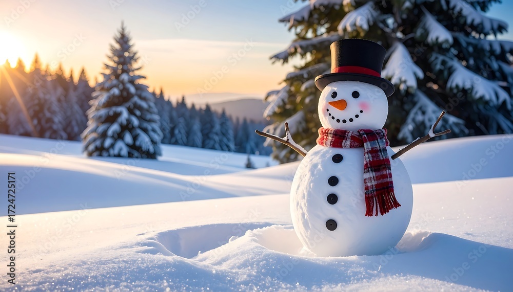 Fototapeta premium Festive snowman in snowy mountain sunset