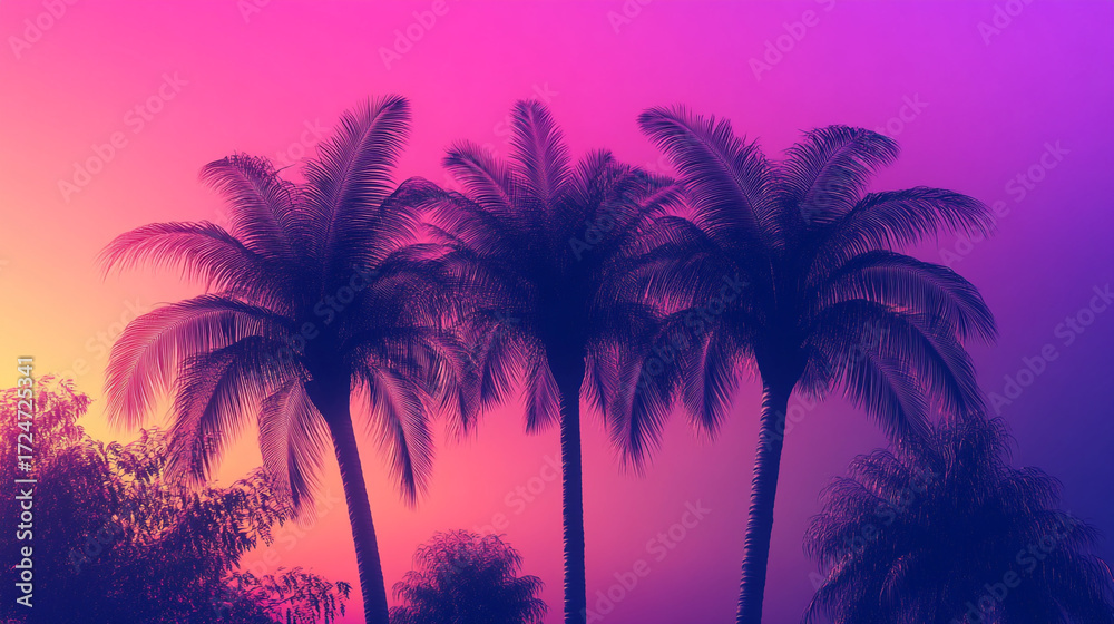 Obraz premium Vibrant Tropical Sunset with Palm Tree Silhouettes