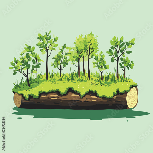 Enchanting miniature forest growing on a log, vibrant green moss and tiny trees create a magical woodland scene perfect for nature lovers , vector style simple color