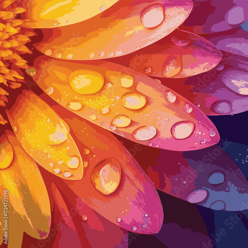 Close up macro shot of brightly colored flower petals covered in water droplets , vector style simple color