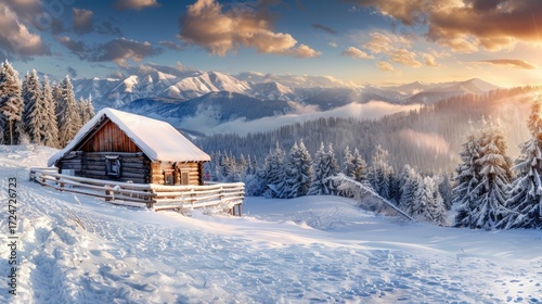 Old cottage in winter mountains, a house in the snow, A lonely hut in a snowy winter paradise in