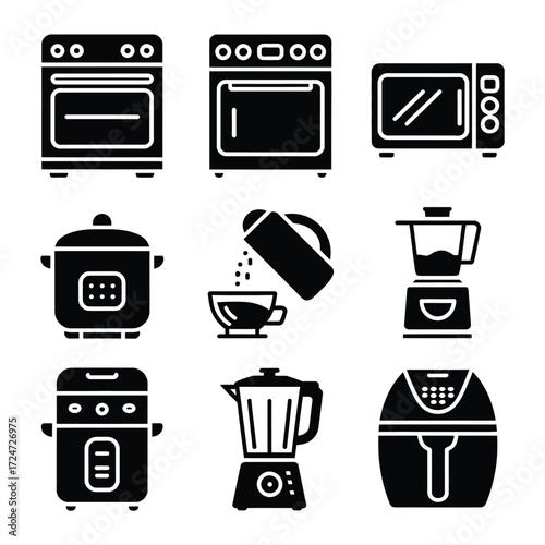Set of eight black and white kitchen appliance icons vector illustration scalable eps graphic vector