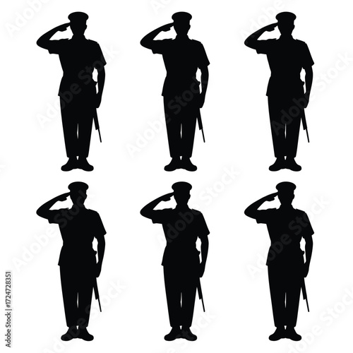 Six black silhouettes of soldiers in uniform saluting ready for military service vector graphics vector