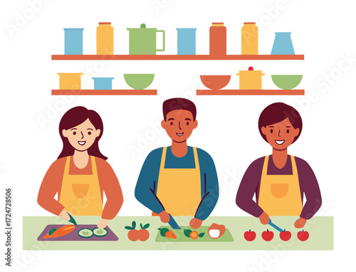 People preparing vegetables together healthy eating and cooking illustration