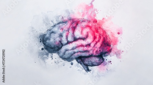 logic. An abstract brain illustration with dual-tone design, representing cognitive functions artistically. STEM education sheets, lab safety posters, designed for biotech research communications.