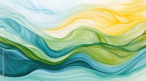 A tranquil abstract background with soft, flowing waves of green, blue, and yellow, creating a sense of peace and serenity, like a gentle river stream or calm ocean waves
