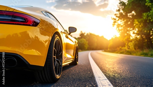 Yellow sports car on a road at sunset