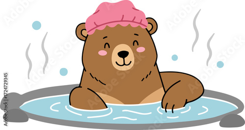 A bear enjoying a bath in a hot spring wearing a pink hair cap