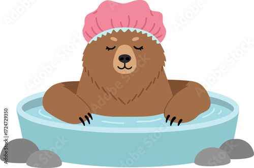 A bear enjoying a bath in a hot spring wearing a pink hair cap