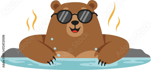 A bear wearing sunglasses and enjoying a bath in a hot spring